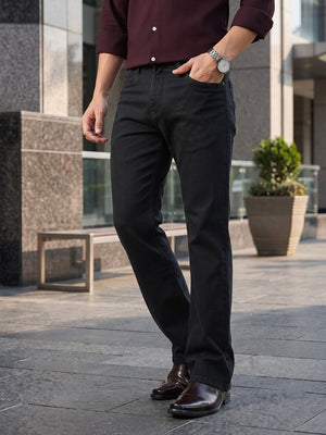 Black Smart Bootcut Fit Mid-Rise No Faded Clean Look Stretchable Jeans For Men