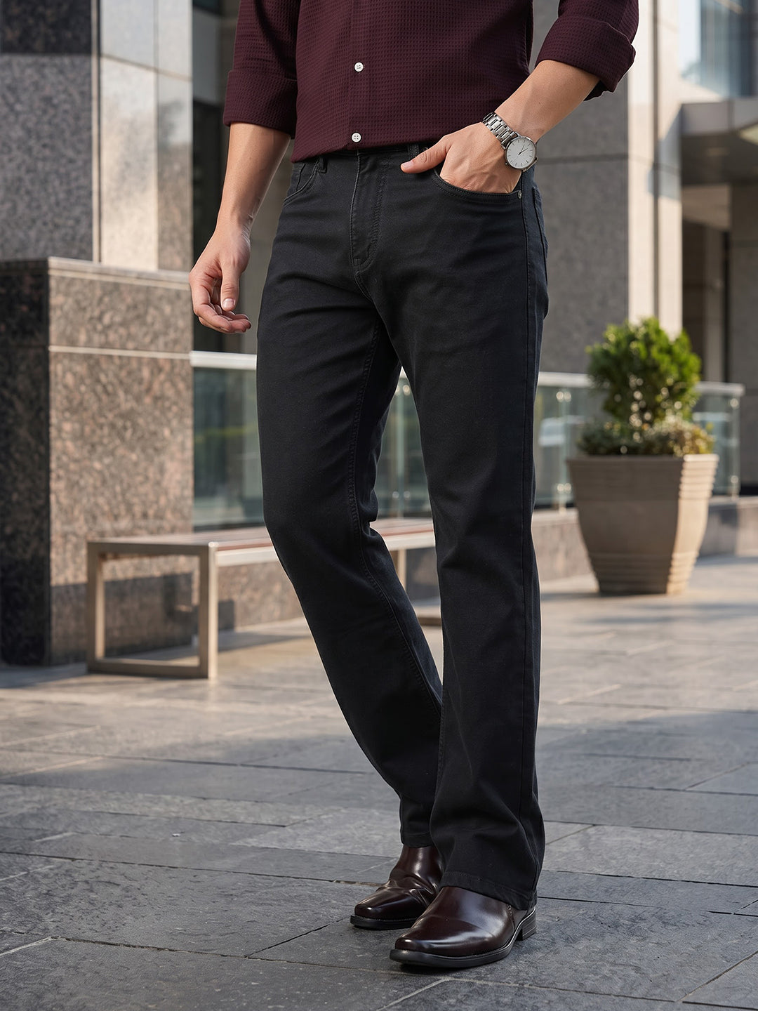 Black Smart Bootcut Fit Mid-Rise No Faded Clean Look Stretchable Jeans For Men