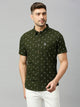 Dark Green Classic Short Sleeves Slim Fit Spread Collar Conversational Printed Cotton Casual Shirt For Men