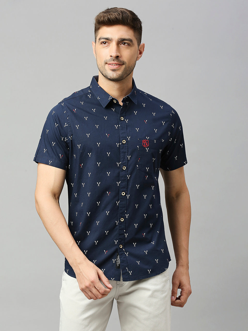 Thomas Scott Men Royal Navy Classic Short Sleeves Slim Fit Spread Collar Conversational Printed Cotton Casual Shirt
