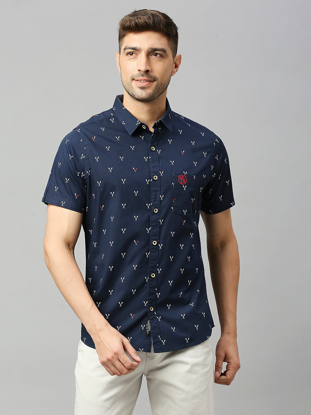 Thomas Scott Men Royal Navy Classic Short Sleeves Slim Fit Spread Collar Conversational Printed Cotton Casual Shirt