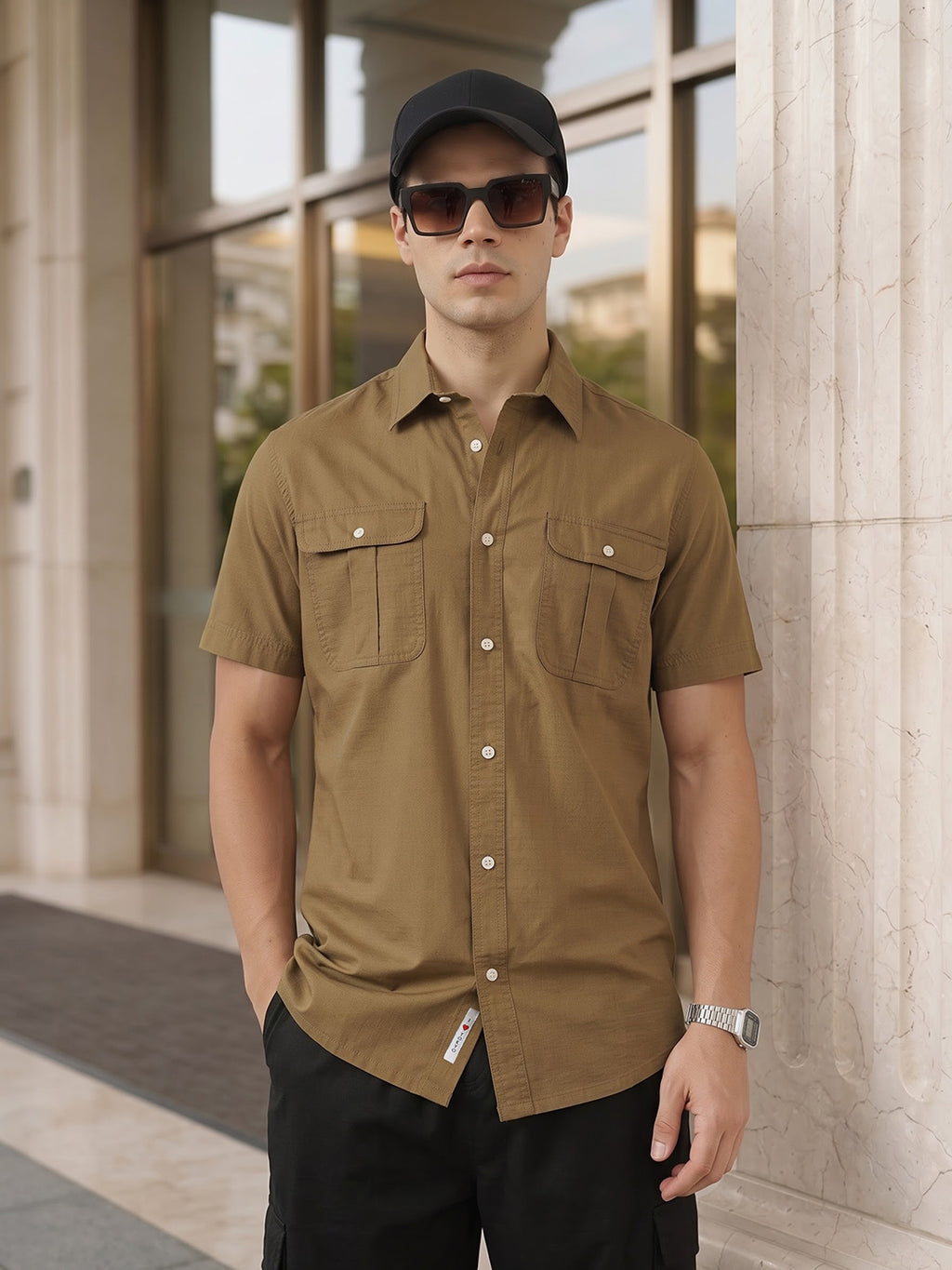 Khaki Premium Regular Fit Short Sleeves Spread Collar Textured Casual Shirt For Men