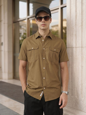 Khaki Premium Regular Fit Short Sleeves Spread Collar Textured Casual Shirt For Men