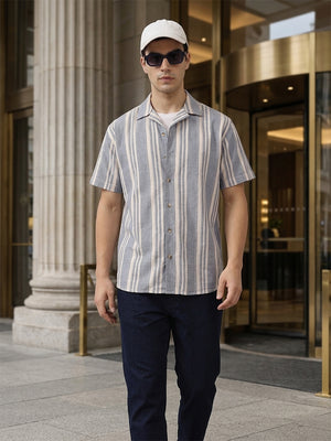 Blue Oversized Fit Vertical Stripes Cuban Collar Cotton Linen Casual Shirt For Men