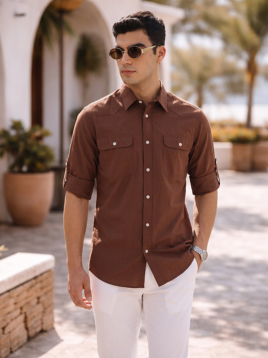 Rust Roll-Up Sleeve Regular Fit Spread Collar Textured Cotton Casual Shirt For Men