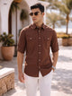 Rust Roll-Up Sleeve Regular Fit Spread Collar Textured Cotton Casual Shirt For Men