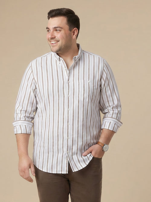Thomas Scott Men Premium White Plus Size Regular Fit Long Sleeves Button Down Collar Vertical Stripes Cotton Linen Casual Shirt