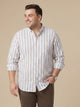 White Plus Size Regular Fit Long Sleeves Button Down Collar Vertical Stripes Cotton Linen Casual Shirt For Men