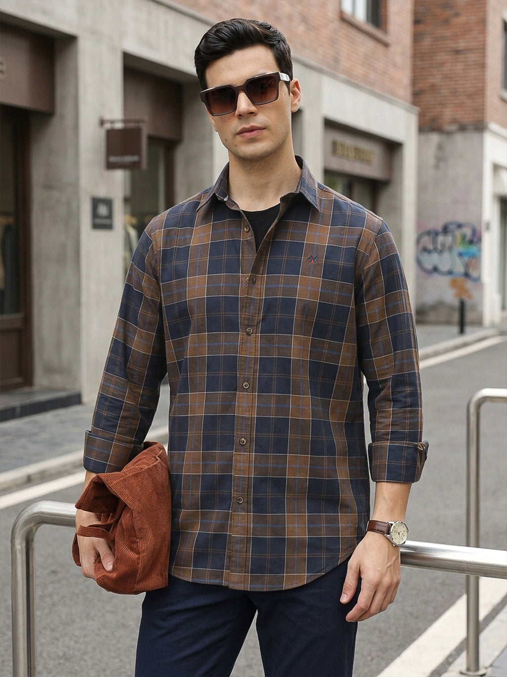 Brown Premium Regular Fit Tartan Checks Cotton Twill Shirt For Men