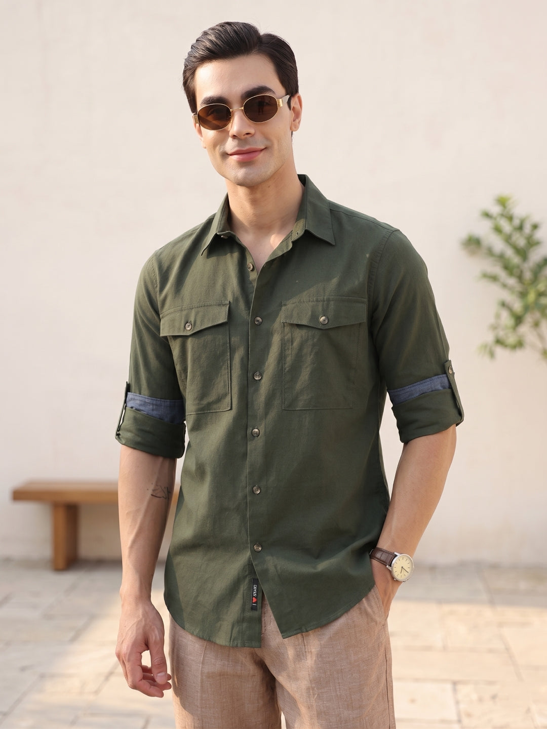 Thomas Scott Men Bottle Green Premium Slim Fit Long Roll-Up Sleeves Spread Collar Solid Cotton Casual Shirt with Flap Pockets