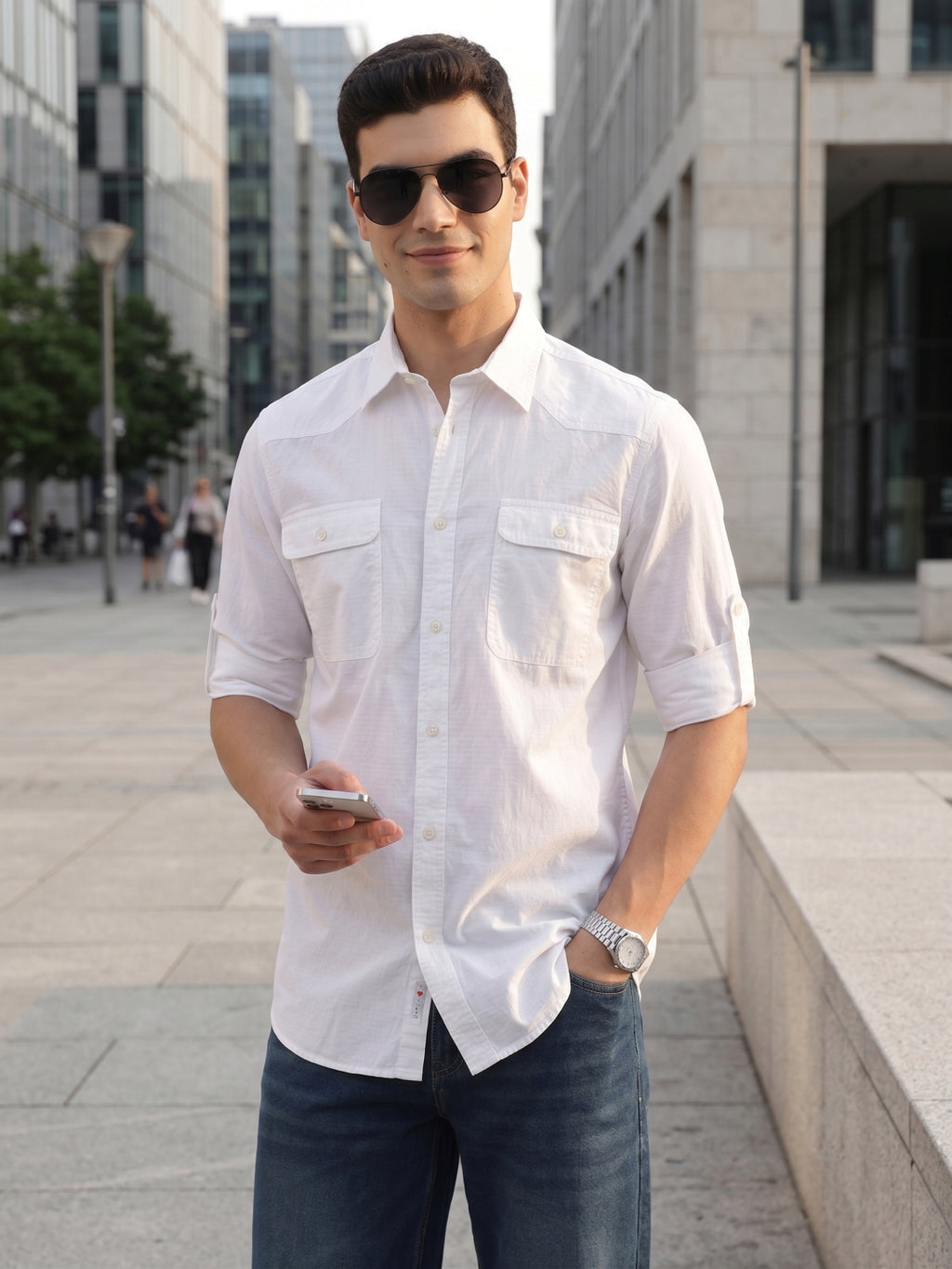 White Optical Roll-Up Sleeve Regular Fit Spread Collar Textured Cotton Casual Shirt For Men