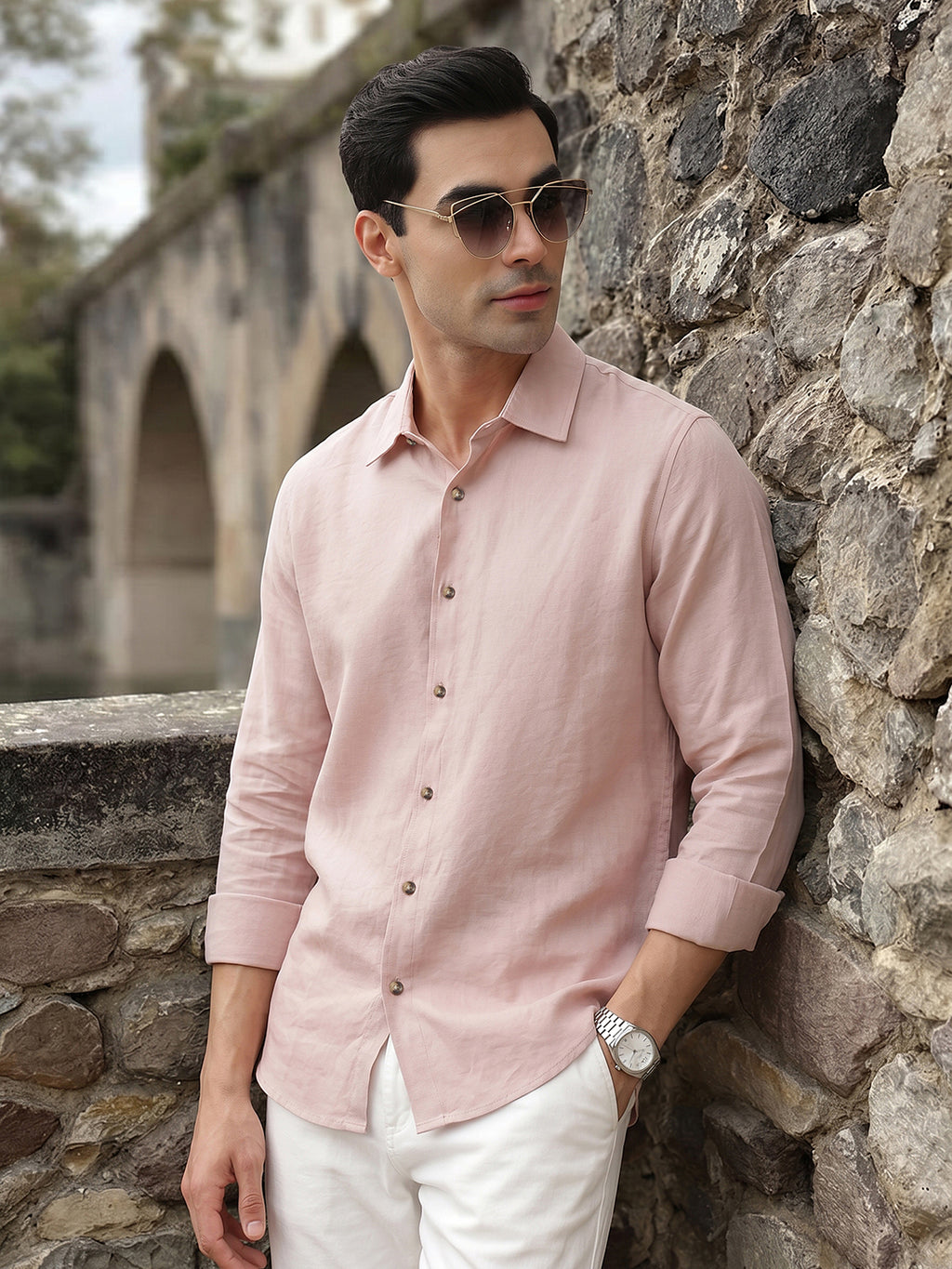 Thomas Scott Men Peach Premium Slim Fit Long Sleeves Semi Cutaway Collar Casual Shirt