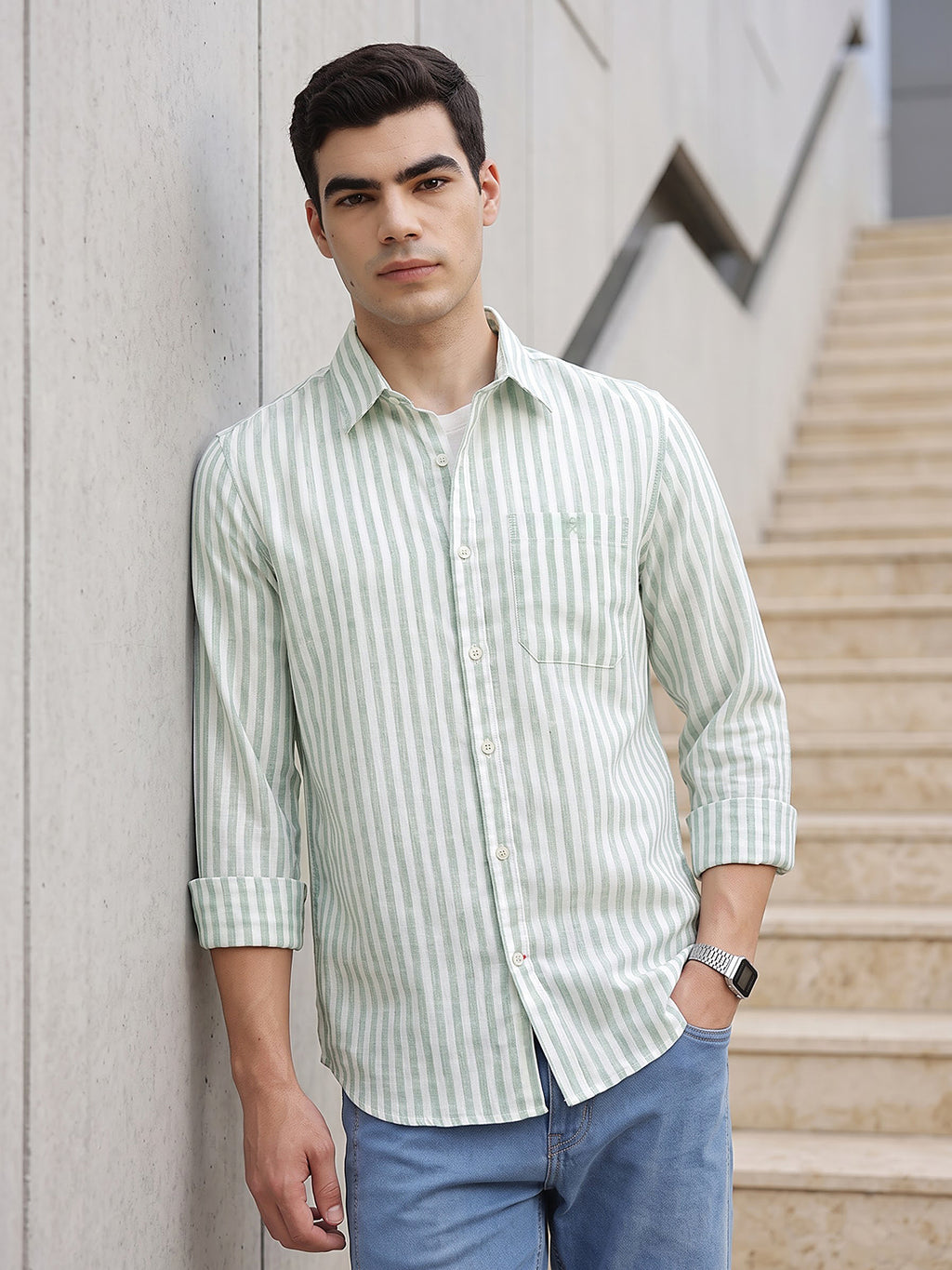 Green Premium Regular Fit Long Sleeves Vertical Striped Cotton Linen Casual Shirt For Men