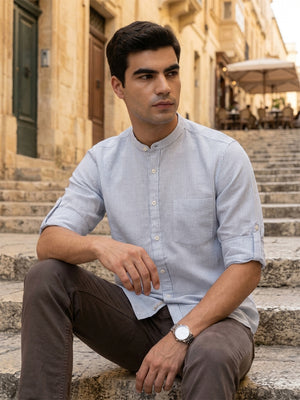 Blue Premium Regular Fit Roll-Up Sleeve Mandarin Collar Pinstripe Linen Casual Shirt for Men