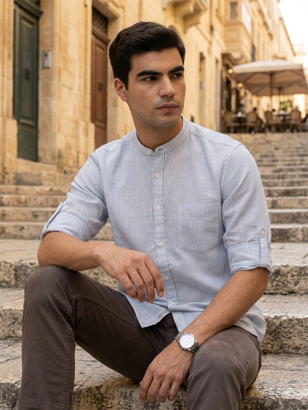 Blue Premium Regular Fit Roll-Up Sleeve Mandarin Collar Pinstripe Linen Casual Shirt for Men
