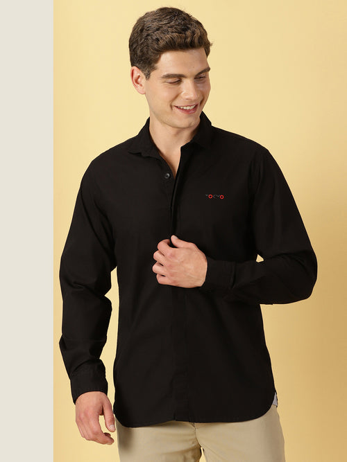 Thomas Scott Men Black Classic Regular Fit Long Sleeves Spread Collar Solid Casual Shirt