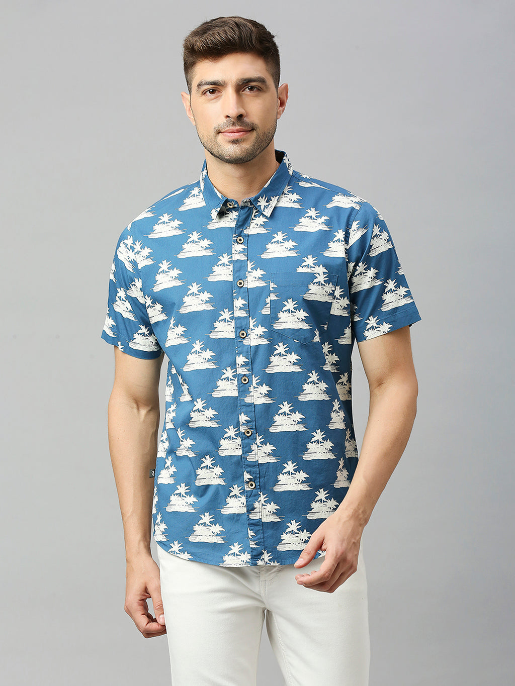 Thomas Scott Men Blue 1 Classic Short Sleeves Slim Fit Spread Collar Floral Printed Cotton Casual Shirt