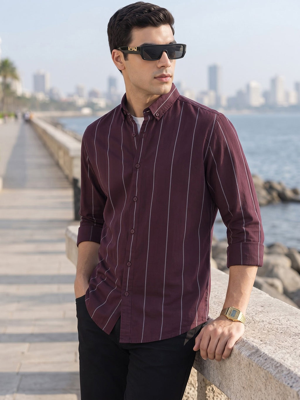 Maroon Slim Fit Long Sleeves Button-Down Collar Vertical Stripes Cotton Twill Casual Shirt For Men