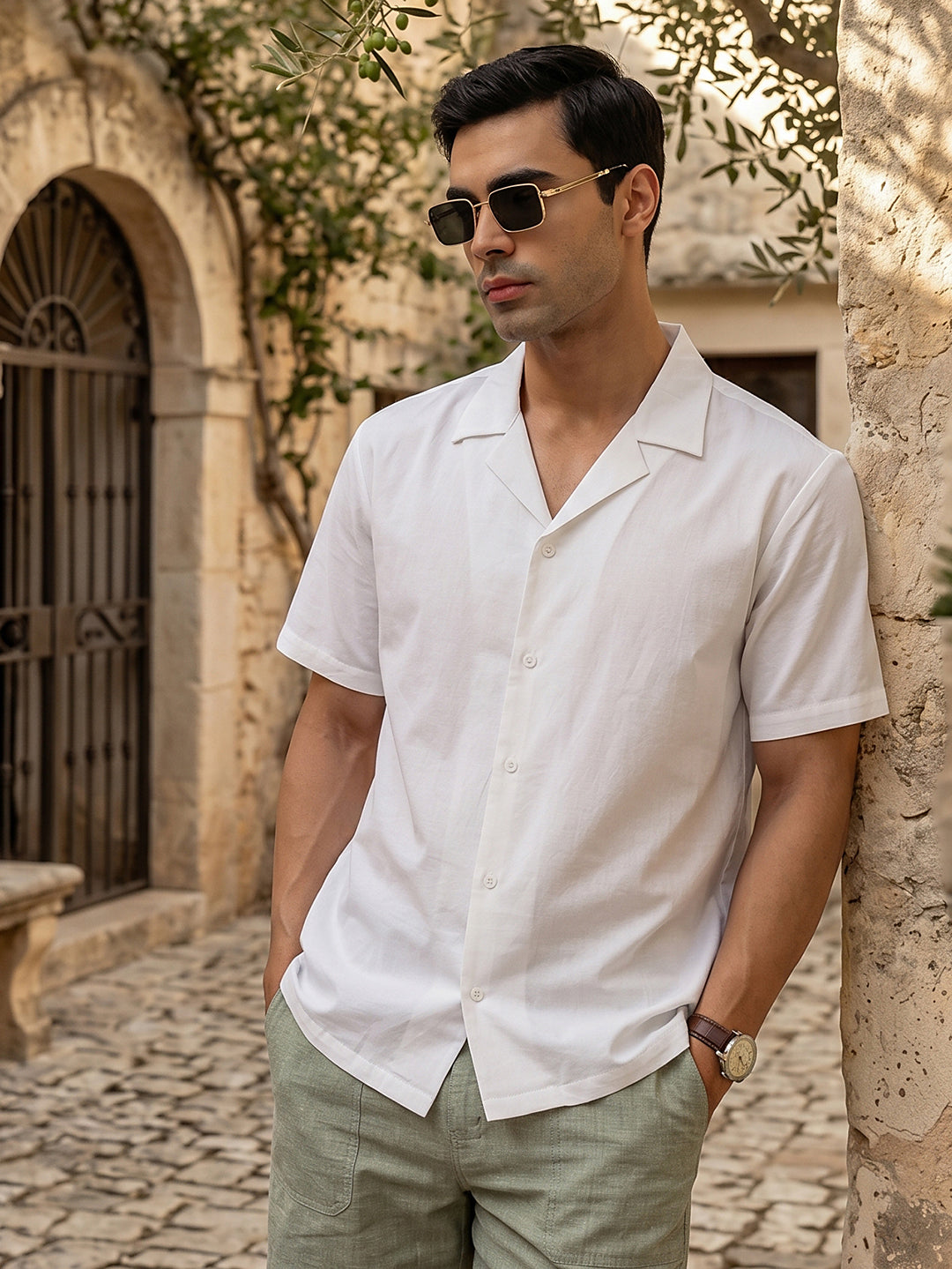 Thomas Scott Men Premium White Oversize Fit Short Sleeves Cuban Collar Solid Casual Shirt
