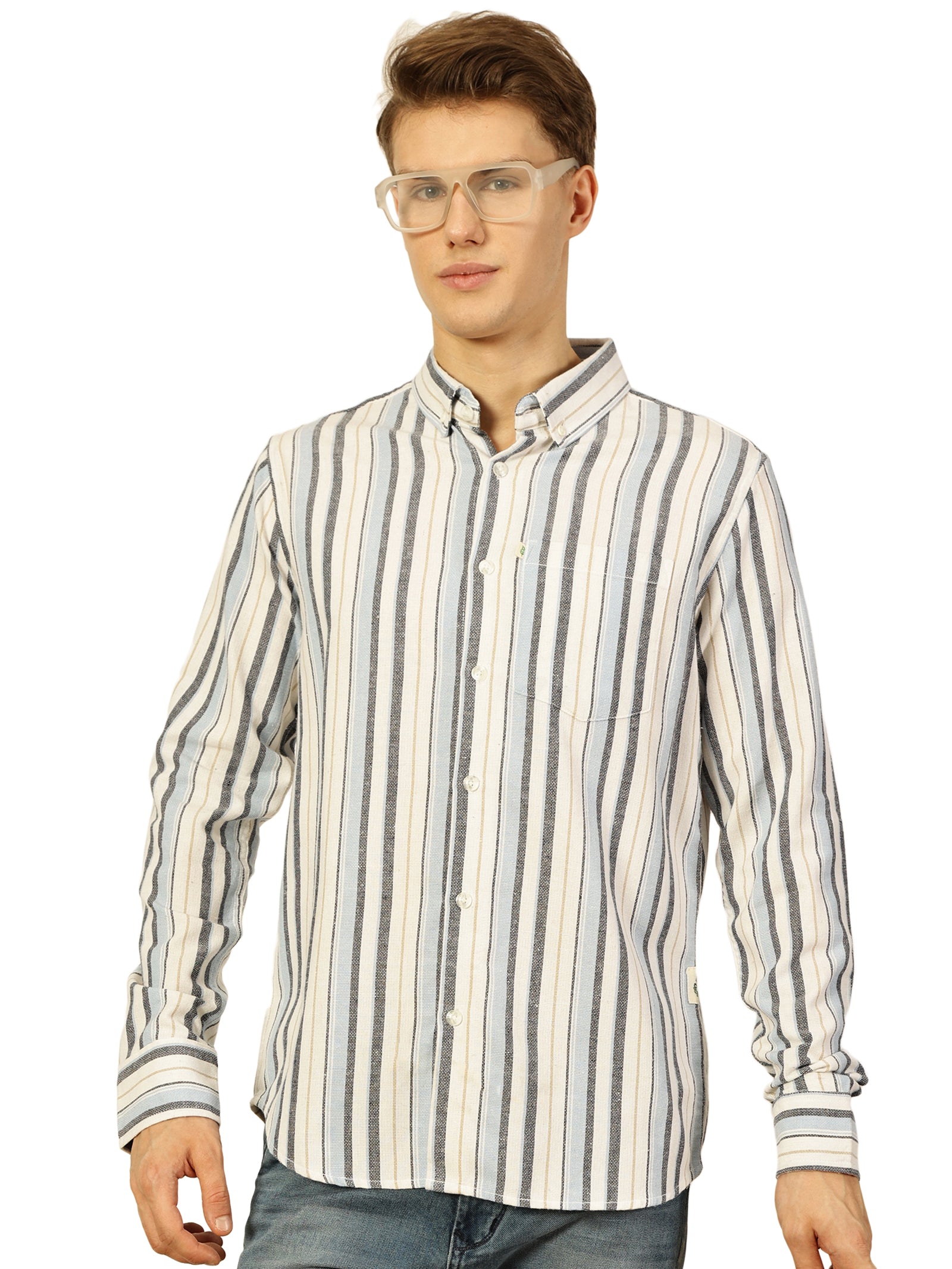 Thomas Scott Men Light Blue Premium Long Sleeves Slim Fit Button-Down Collar Vertical Stripes Casual Shirt