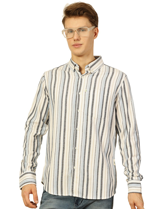 Thomas Scott Men Light Blue Premium Long Sleeves Slim Fit Button-Down Collar Vertical Stripes Casual Shirt