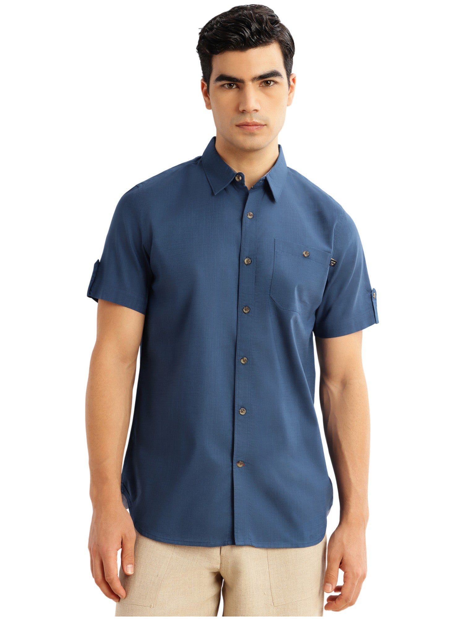 Thomas Scott Men Teal Regular Fit Short Sleeves Spread Collar 100% Cotton Casual Shirt
