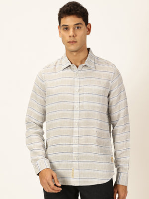 Thomas Scott Men Grey Premium Long Sleeves Spread Collar Horizontal Stripes Linen Casual Shirt