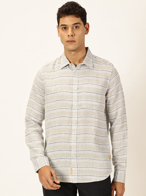 Thomas Scott Men Grey Premium Long Sleeves Spread Collar Horizontal Stripes Linen Casual Shirt