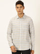 Thomas Scott Men Grey Premium Long Sleeves Spread Collar Horizontal Stripes Linen Casual Shirt
