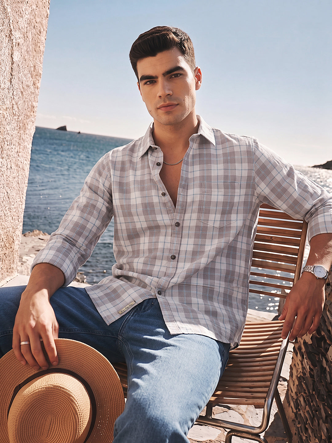 Grey Premium Slim Fit Graphic Checked Cotton Linen Casual Shirt For Men