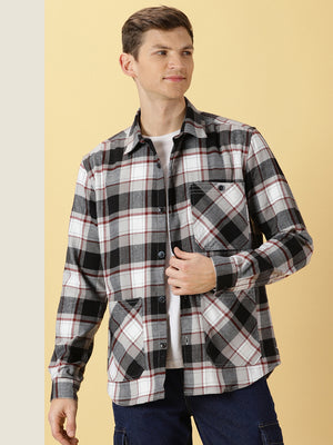 Thomas Scott Men Black Classic Oversize Fit Long Sleeves Spread Collar Tartan Checks Knitted Casual Shirt
