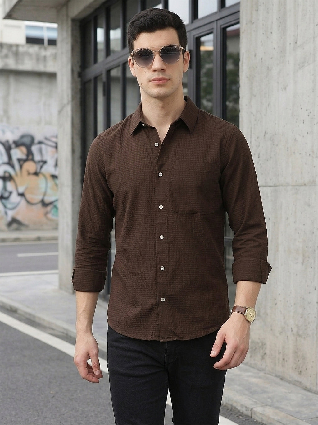 Brown Premium Regular Fit Long Sleeves Spread Collar Textured Cotton Casual Shirt For Men