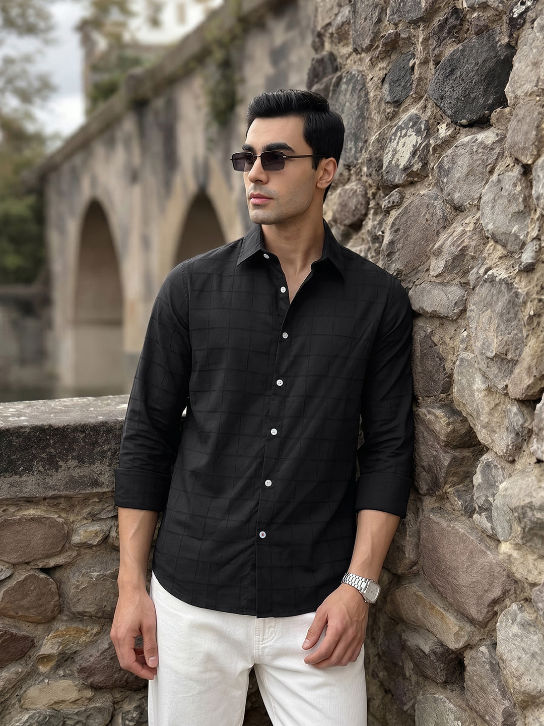 Thomas Scott Men Premium Black Regular Fit Long Sleeves Spread Collar Windowpane Checks Cotton Lycra Casual Shirt