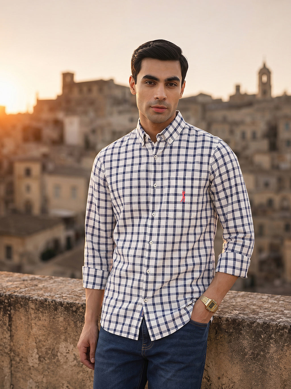 Thomas Scott Men Navy Regular Fit Long Sleeves Gingham Checks Button Down Collar Cotton Linen Casual Shirts