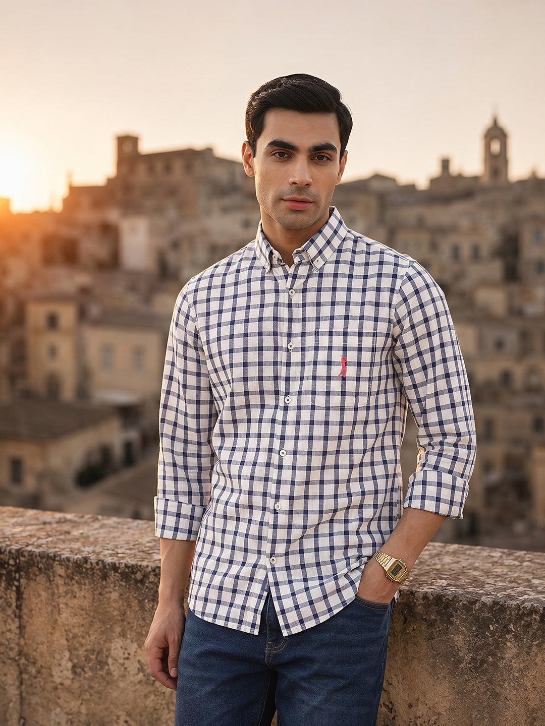 Thomas Scott Men Navy Regular Fit Long Sleeves Gingham Checks Button Down Collar Cotton Linen Casual Shirts