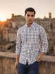 Thomas Scott Men Navy Regular Fit Long Sleeves Gingham Checks Button Down Collar Cotton Linen Casual Shirts
