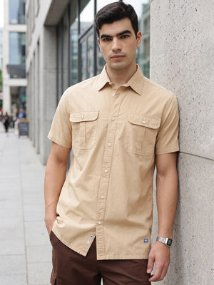 Beige Premium Regular Fit Short Sleeves Spread Collar Textured Casual Shirt For Men