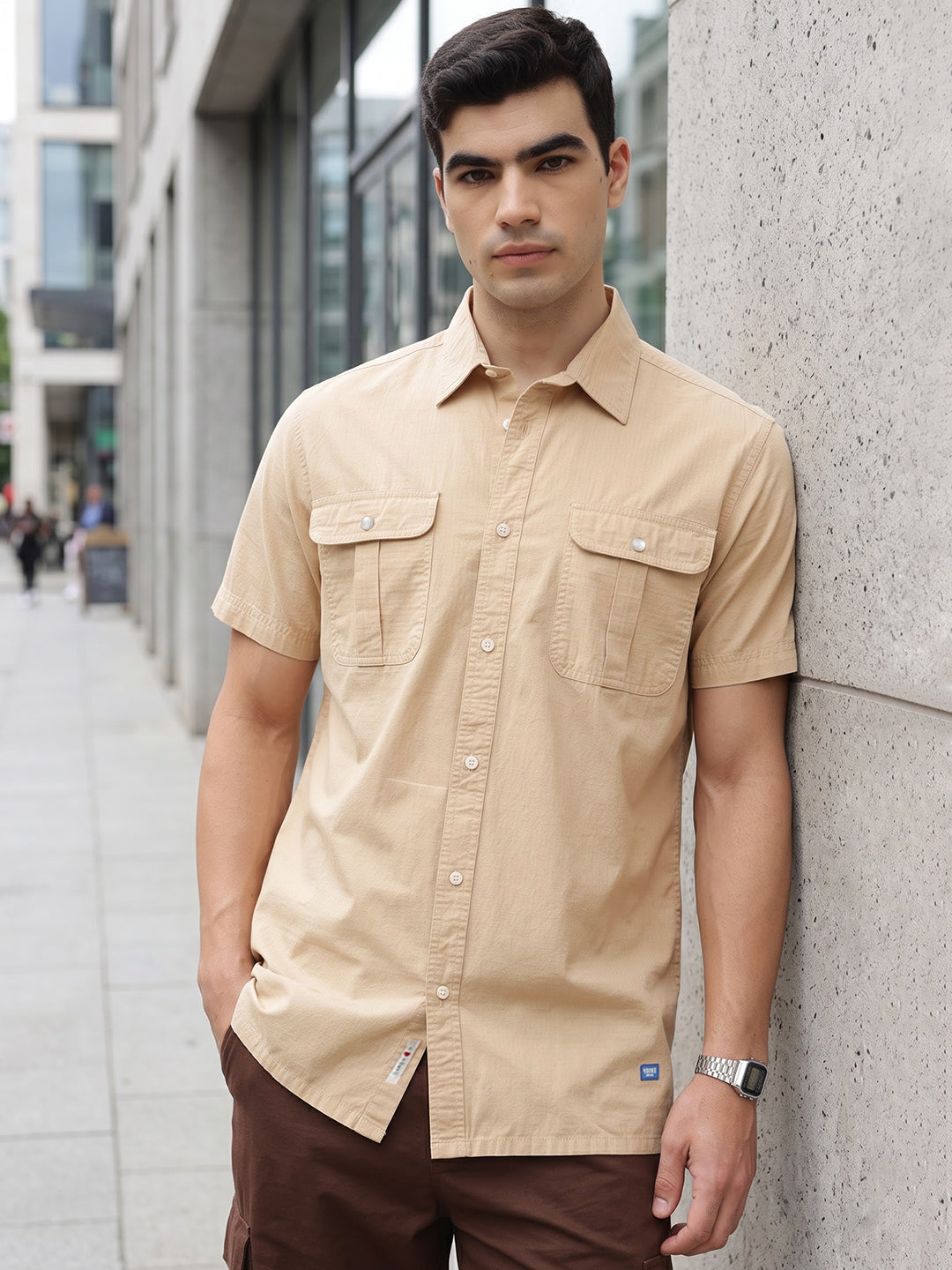 Beige Premium Regular Fit Short Sleeves Spread Collar Textured Casual Shirt For Men