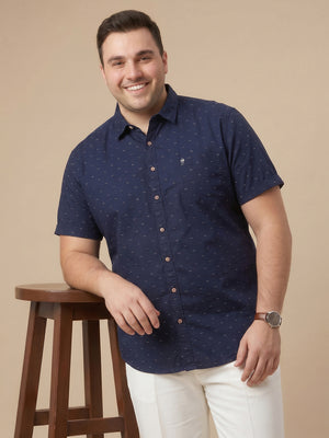 Deep Navy 1 Plus Size Regular Fit Micro Ditsy Printed Spread Collar 100% Cotton Casual Shirt For Men