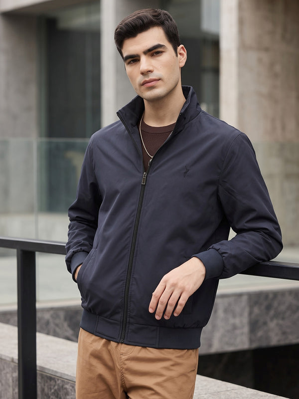 Navy Regular Fit Solid Full Sleeves Stand Collar Zip-Front Casual Bomber Jacket For Men