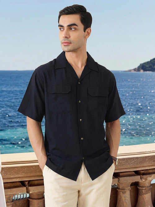 Thomas Scott Men Premium Navy Oversize Fit Short Sleeves Cuban Collar Textured Casual Shirt