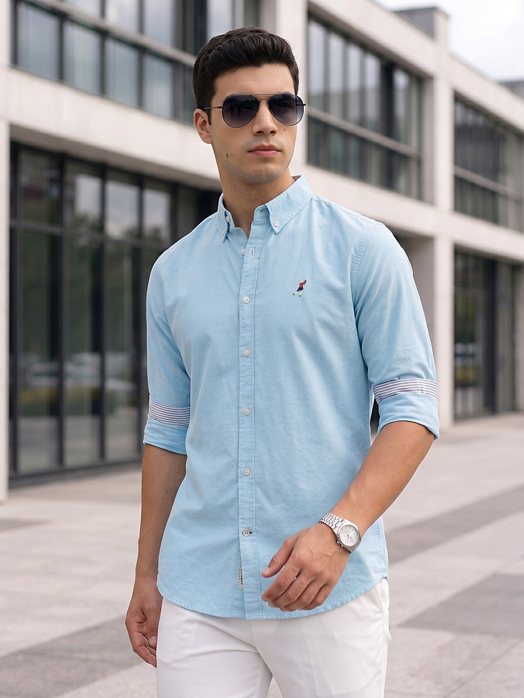 Aqua Premium Regular Fit Button-Down Collar Solid Pure Cotton Casual Shirt For Men
