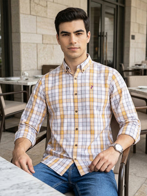 White Premium Regular Fit Tartan Checks Cotton Oxford Shirt For Men