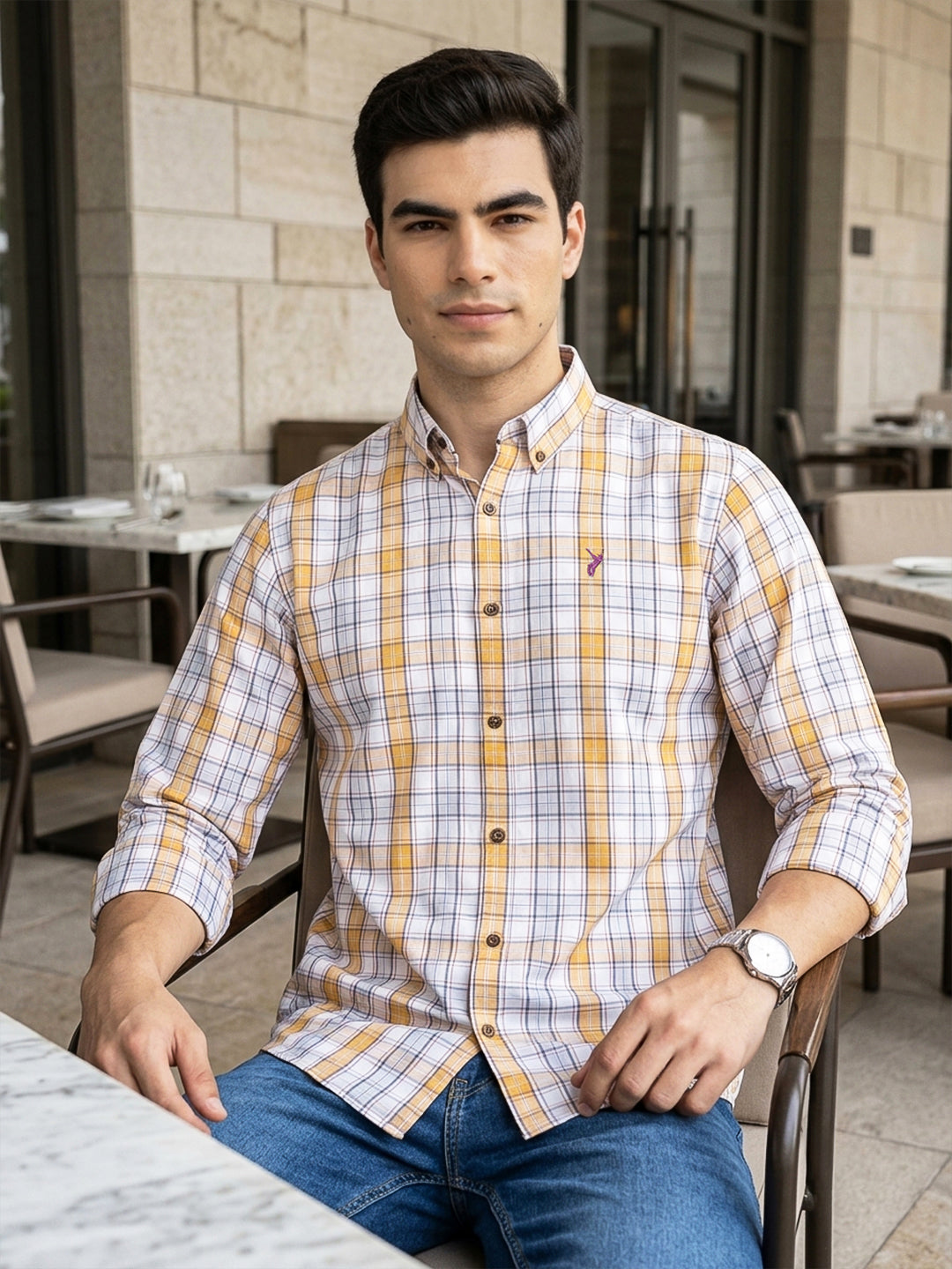 White Premium Regular Fit Tartan Checks Cotton Oxford Shirt For Men