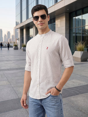 Navy Regular Fit Vertical Striped Cotton Linen Casual Shirt For Men with Roll-Up Sleeves