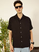 Thomas Scott Men Black Premium Oversized Short Sleeves Cuban Collar Solid Casual Shirt