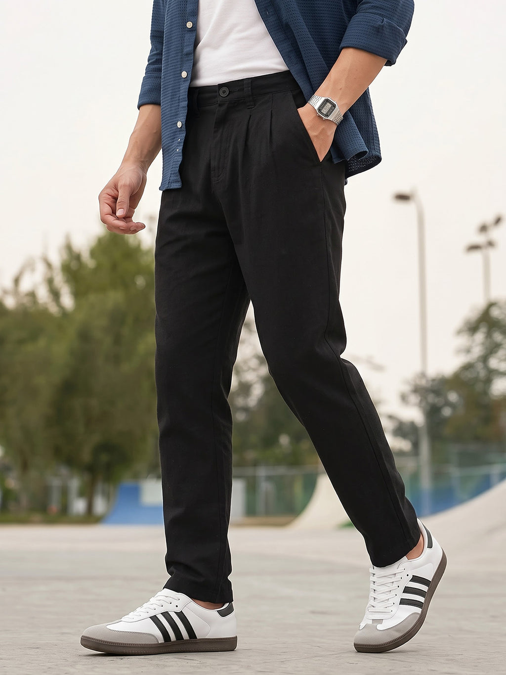 Black Smart Easy Wash Mid Rise Regular Fit Cotton Woven Pleated Chinos Trouser For Men