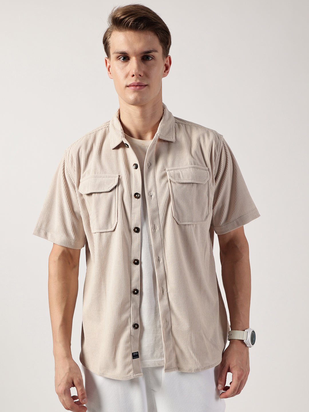 Thomas Scott Men Beige Premium Oversized Short Sleeves Spread Collar Corduroy Casual Shirt