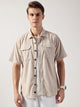 Thomas Scott Men Beige Premium Oversized Short Sleeves Spread Collar Corduroy Casual Shirt