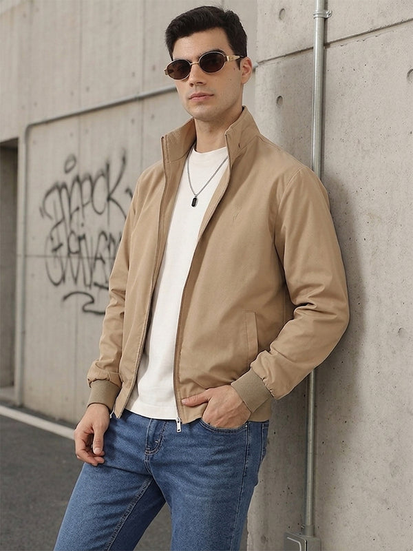 Beige Regular Fit Solid Full Sleeves Stand Collar Zip-Front Casual Bomber Jacket For Men